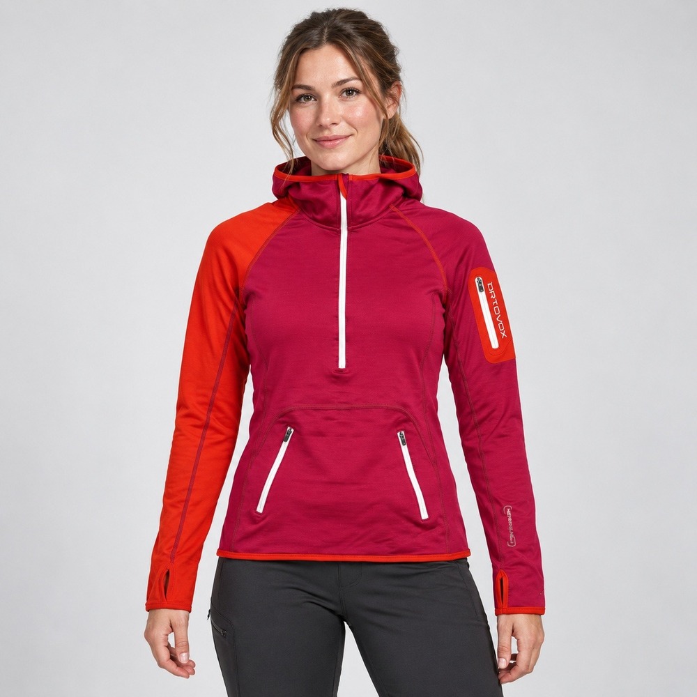 ORTOVOX Women M Merino Wool Fleece Hoodie Pink Orange 1/4 Zip Ski